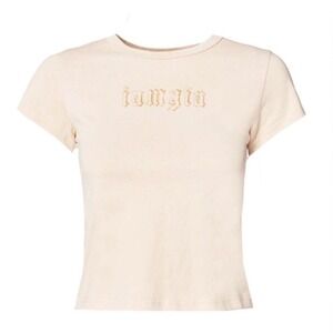 IAM.GIA‎ Women's Beige Crop Top Short Sleeve T-Shirt Gothic Logo Trendy Womens L